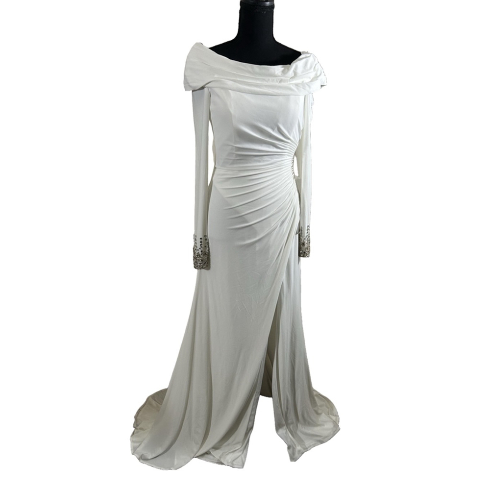 Women's White Off-Shoulder Long Sleeve Gown w/Jeweled Cuffs & Thigh-high Slit